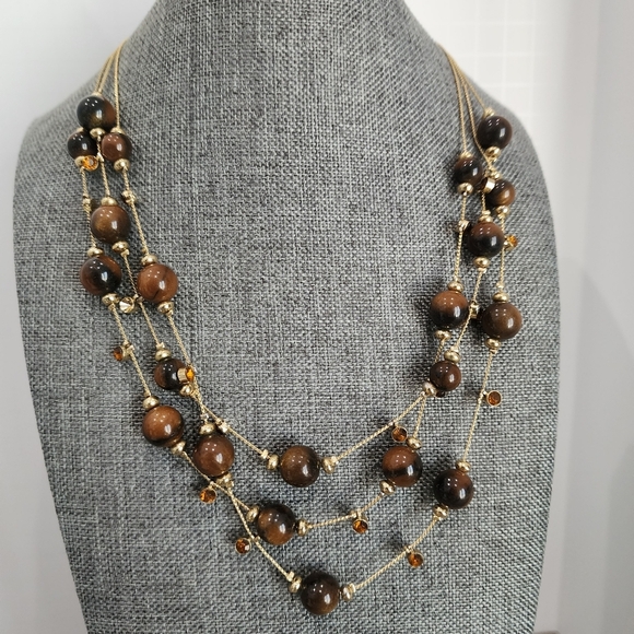 Triple Strand Brown Cat’s Eye Bead Necklace – Gold Tone Layered Design - Picture 1 of 5